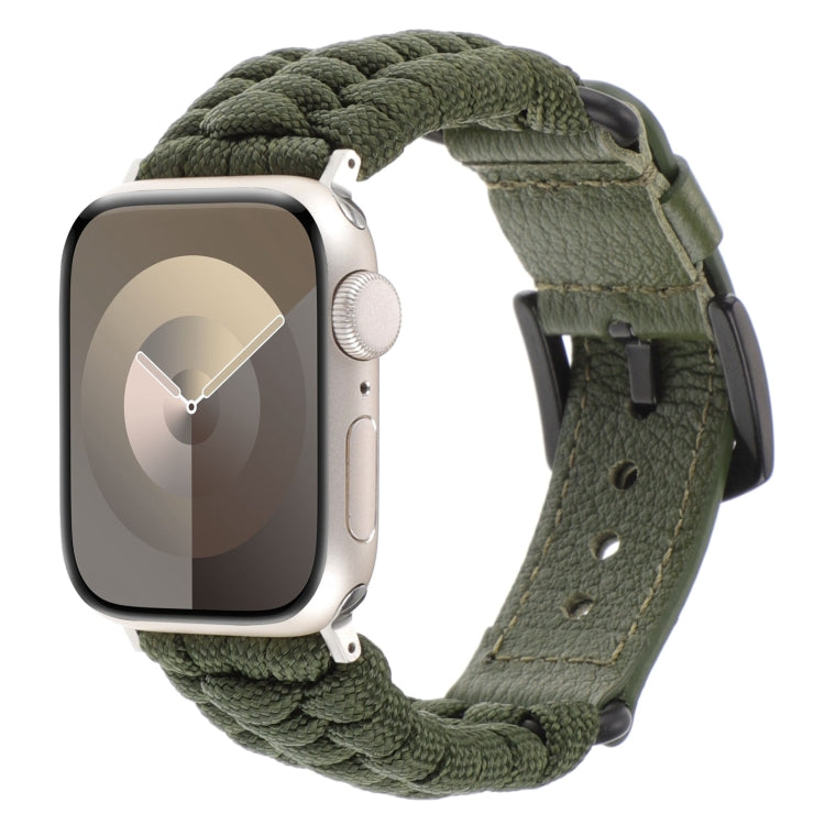 For Apple Watch Series 2 42mm Plain Paracord Genuine Leather Watch Band(Army Green) - Watch Bands by PMC TechLife | Online Shopping South Africa | PMC TechLife