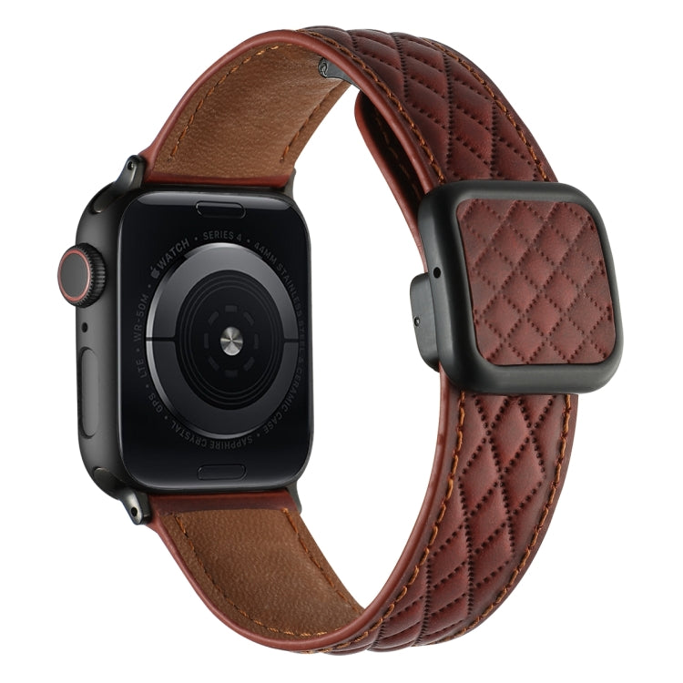 For Apple Watch Series 2 42mm Rhombus Pattern Magnetic Square Buckle Leather Watch Band(Red) - Watch Bands by PMC TechLife | Online Shopping South Africa | PMC TechLife | Buy Now Pay Later Mobicred
