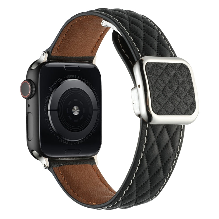 For Apple Watch 38mm Rhombus Pattern Magnetic Square Buckle Leather Watch Band(Black) - free shipping - PMC TechLife - Order now!