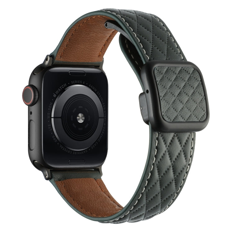 For Apple Watch 38mm Rhombus Pattern Magnetic Square Buckle Leather Watch Band(Dark Green) - free shipping - PMC TechLife - Order now!