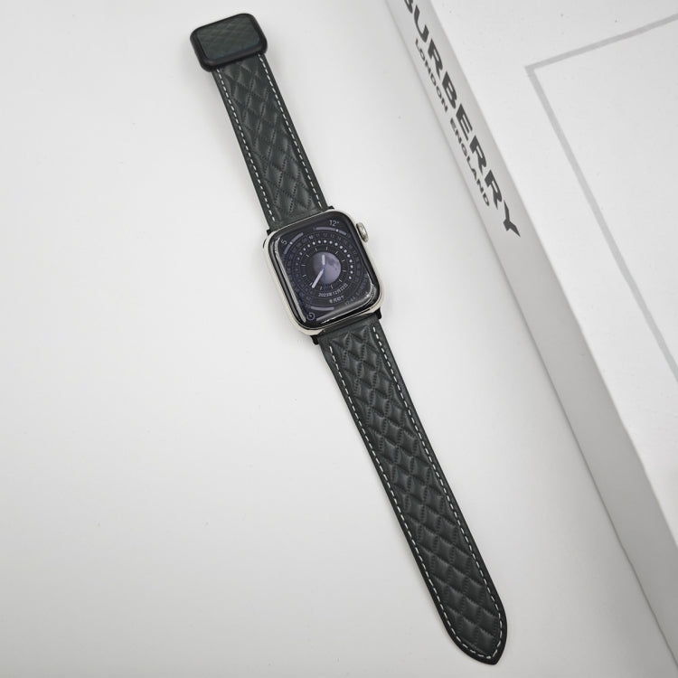 For Apple Watch 38mm Rhombus Pattern Magnetic Square Buckle Leather Watch Band(Dark Green) - free shipping - PMC TechLife - Order now!
