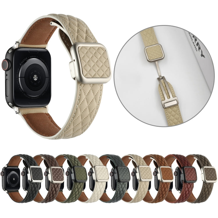 For Apple Watch 38mm Rhombus Pattern Magnetic Square Buckle Leather Watch Band(Dark Green) - free shipping - PMC TechLife - Order now!