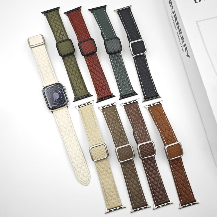 For Apple Watch 38mm Rhombus Pattern Magnetic Square Buckle Leather Watch Band(Dark Green) - free shipping - PMC TechLife - Order now!