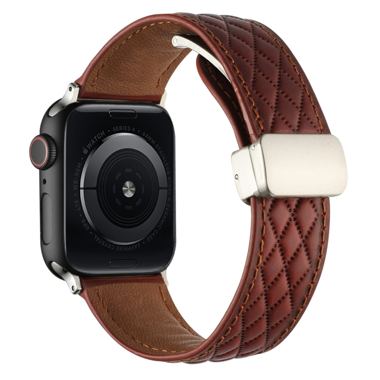 For Apple Watch Series 9 45mm Rhombus Pattern Magnetic Folding Buckle Leather Watch Band(Red) - free shipping - PMC TechLife - Order now!