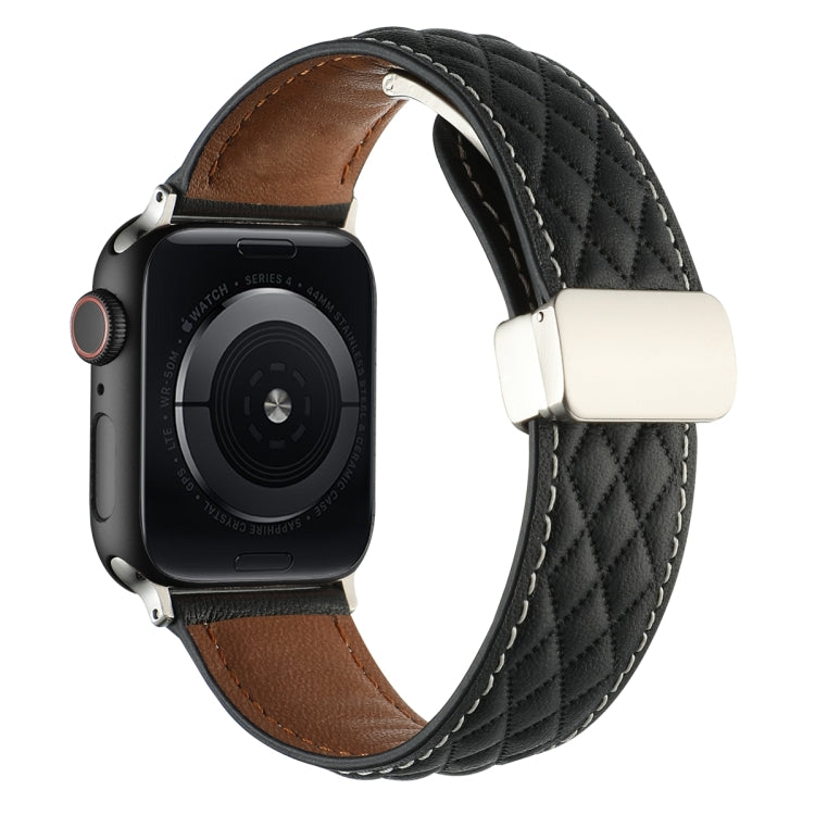 For Apple Watch SE 44mm Rhombus Pattern Magnetic Folding Buckle Leather Watch Band(Black) - free shipping - PMC TechLife - Order now!