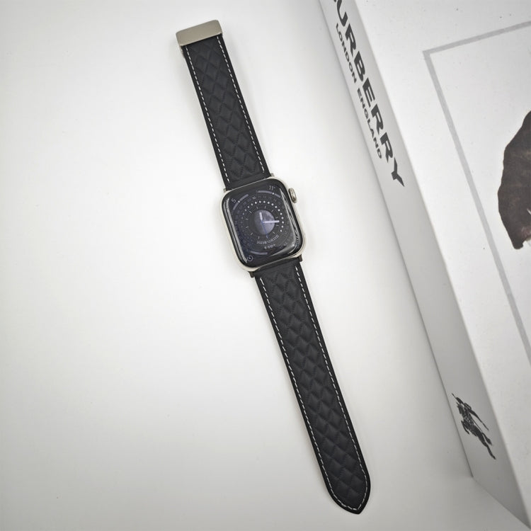 For Apple Watch SE 44mm Rhombus Pattern Magnetic Folding Buckle Leather Watch Band(Black) - free shipping - PMC TechLife - Order now!