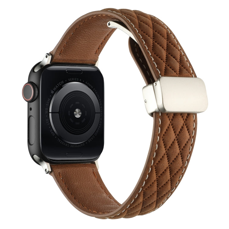 For Apple Watch 38mm Rhombus Pattern Magnetic Folding Buckle Leather Watch Band(Dark Brown) - Watch Bands by PMC TechLife | Online Shopping South Africa | PMC TechLife | Buy Now Pay Later Mobicred