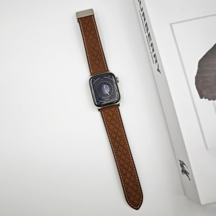 For Apple Watch 38mm Rhombus Pattern Magnetic Folding Buckle Leather Watch Band(Dark Brown) - Watch Bands by PMC TechLife | Online Shopping South Africa | PMC TechLife | Buy Now Pay Later Mobicred