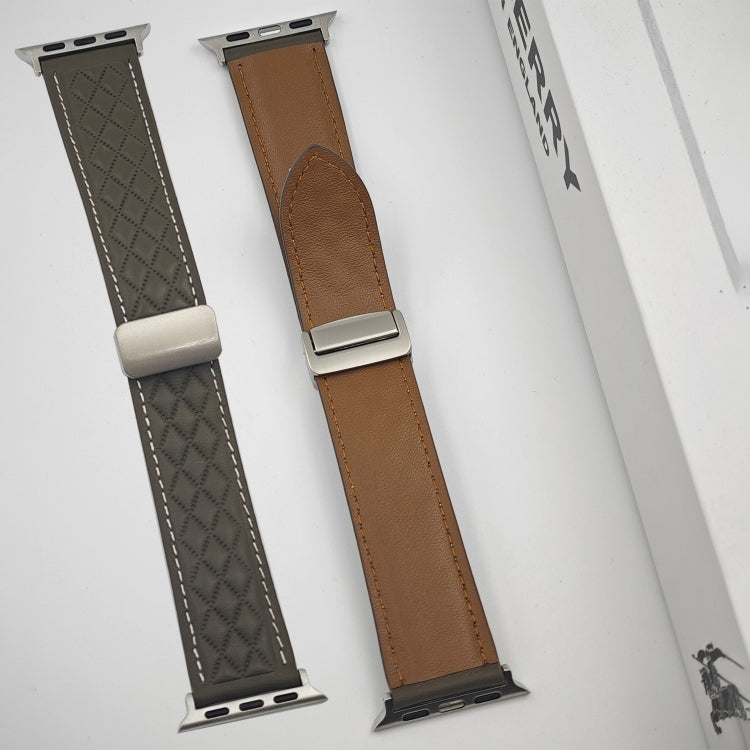 For Apple Watch 38mm Rhombus Pattern Magnetic Folding Buckle Leather Watch Band(Dark Brown) - Watch Bands by PMC TechLife | Online Shopping South Africa | PMC TechLife | Buy Now Pay Later Mobicred