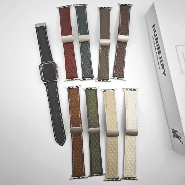 For Apple Watch Series 2 38mm Rhombus Pattern Magnetic Folding Buckle Leather Watch Band(Brown) - Watch Bands by PMC TechLife | Online Shopping South Africa | PMC TechLife | Buy Now Pay Later Mobicred