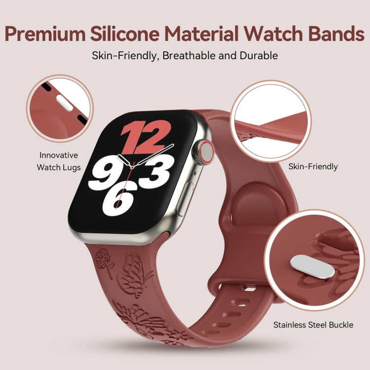 For Apple Watch Series 9 41mm Butterfly Flower Embossed Silicone Watch Band(Brick Red) - Watch Bands by PMC TechLife | Online Shopping South Africa | PMC TechLife