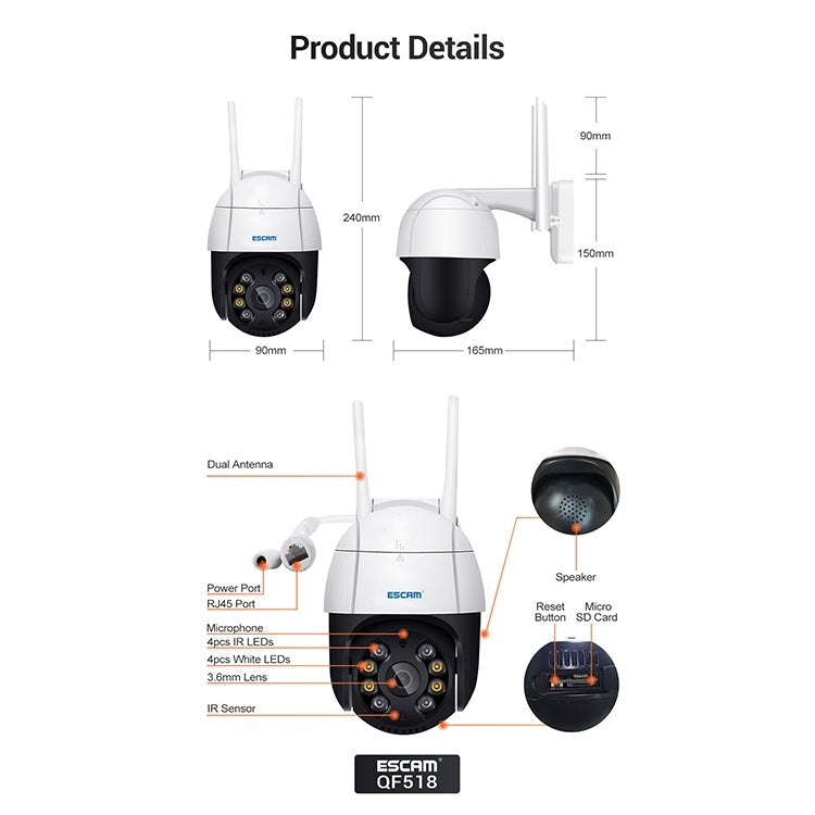 ESCAM QF518 5MP Smart WiFi IP Camera, Support AI Humanoid Detection / Auto Tracking / Dual Light Night Vision / Cloud Storage / Two Way Audio / TF Card, Plug:US Plug(White) - free shipping - PMC TechLife - Order now!