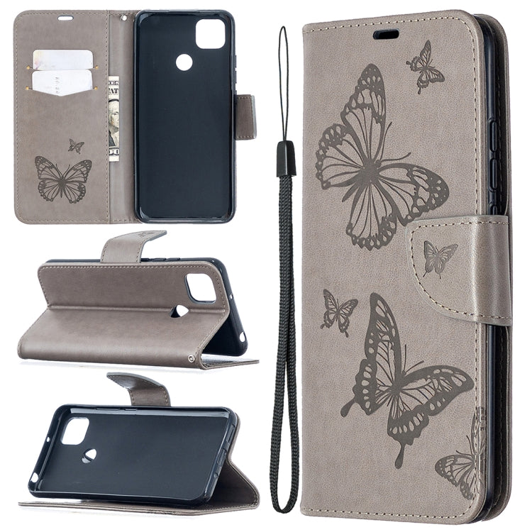 For Xiaomi Redmi 9C Two Butterflies Embossing Pattern Horizontal Flip Leather Case with Holder & Card Slot & Wallet & Lanyard(Grey) - free shipping - PMC TechLife - Order now!