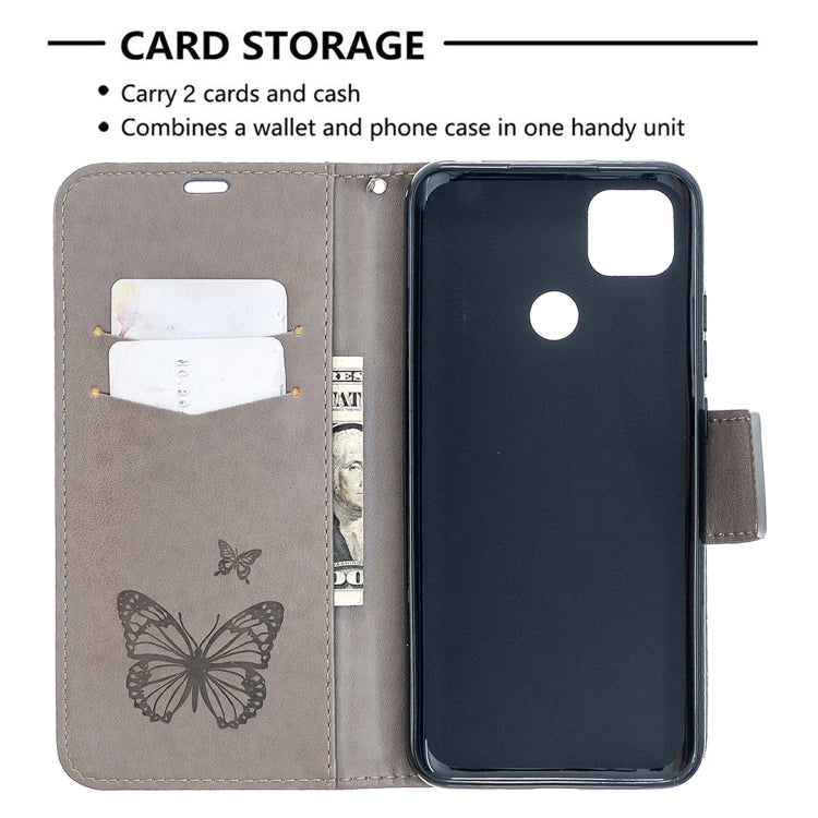 For Xiaomi Redmi 9C Two Butterflies Embossing Pattern Horizontal Flip Leather Case with Holder & Card Slot & Wallet & Lanyard(Grey) - free shipping - PMC TechLife - Order now!