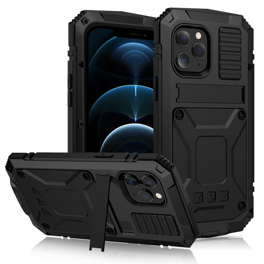 For iPhone 12 Pro Max R-JUST Shockproof Waterproof Dust-proof Metal + Silicone Protective Case with Holder(Black) - iPhone 12 Pro Max Cases by R-JUST | Online Shopping South Africa | PMC Jewellery | Buy Now Pay Later Mobicred