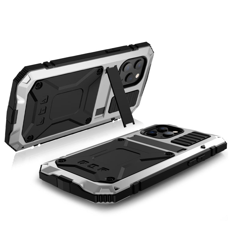 For iPhone 12 / 12 Pro R-JUST Shockproof Waterproof Dust-proof Metal + Silicone Protective Case with Holder(Silver) - iPhone 12 / 12 Pro Cases by R-JUST | Online Shopping South Africa | PMC Jewellery | Buy Now Pay Later Mobicred