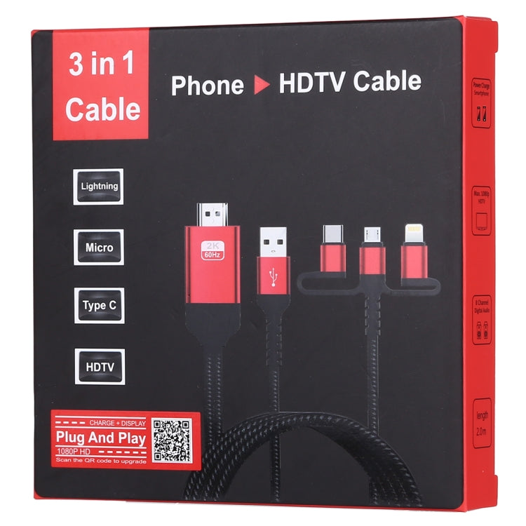 3 in 1 Micro USB + USB-C / Type-C + 8 Pin to HDMI HDTV Cable(Red) - Video & Audio Cable by PMC TechLife | Online Shopping South Africa | PMC TechLife | Buy Now Pay Later Mobicred