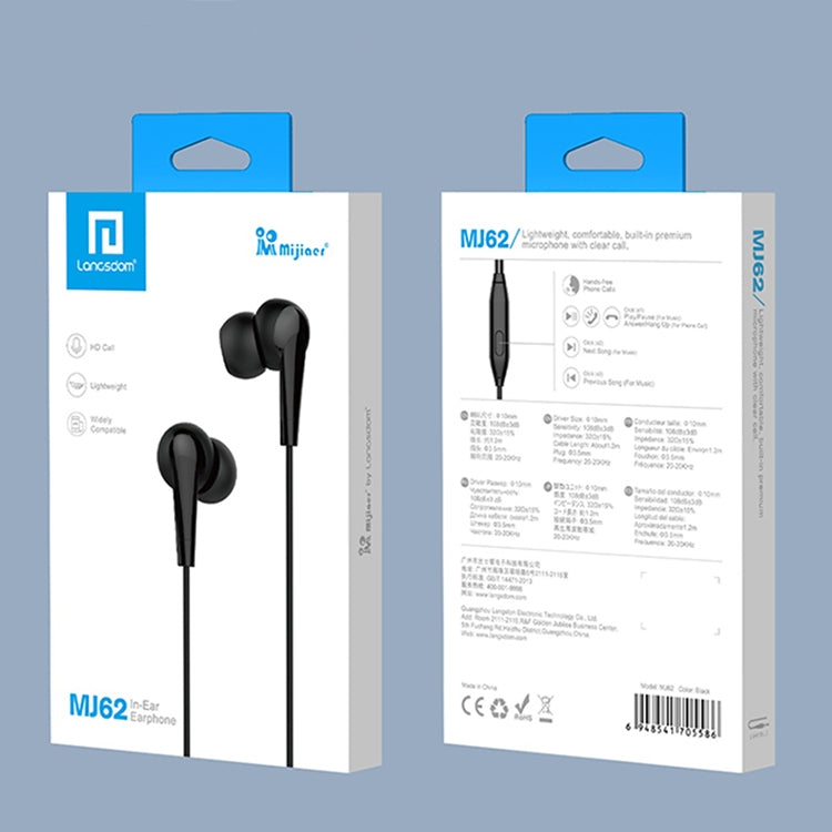 Langsdom MJ62 1.2m Wired In Ear 3.5mm Interface Stereo Earphones with Mic (Black) - In Ear Wired Earphone by Langsdom | Online Shopping South Africa | PMC Jewellery