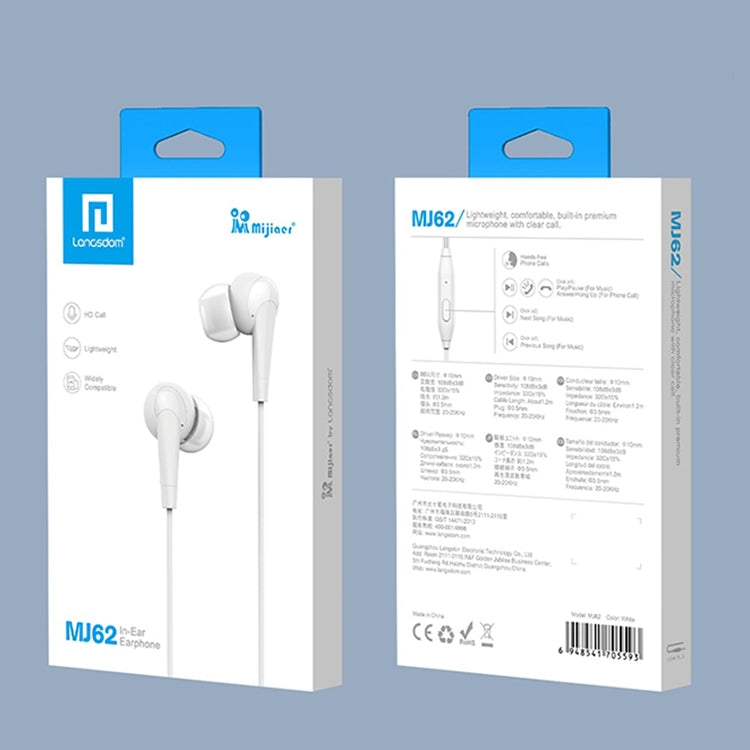 Langsdom MJ62 1.2m Wired In Ear 3.5mm Interface Stereo Earphones with Mic (White) - In Ear Wired Earphone by Langsdom | Online Shopping South Africa | PMC Jewellery