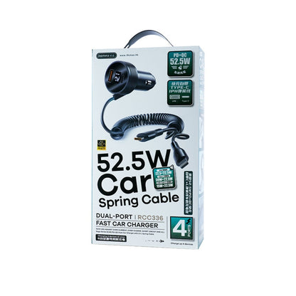 REMAX RCC336 Saga Series 2 in 1 Car 52.5W PD Fast Charger with USB-C / Type-C + 8 Pin Spring Cable - Car Charger by REMAX | Online Shopping South Africa | PMC Jewellery