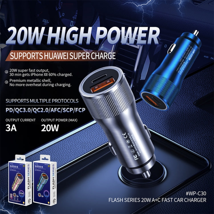 WK WP-C30 20W 3A QC3.0 USB + PD UB-C / Type-C Interface Flash Series Car Fast Charger(Blue) - Car Charger by WK | Online Shopping South Africa | PMC TechLife | Buy Now Pay Later Mobicred