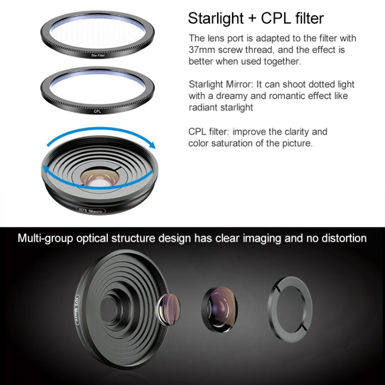 APEXEL APL-HB10X Macro Lens Telephoto Clip + Star Light Filter + CPL Phone Lens Kit - Combination Lens by APEXEL | Online Shopping South Africa | PMC Jewellery