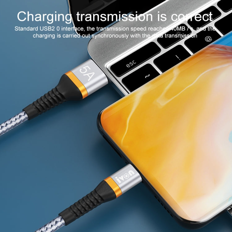 IVON CA79 5A Type-C / USB-C Aluminum Alloy Braided Fast Charging Data Cable for Huawei, Length: 1m (Silver Grey) - USB-C & Type-C Cable by IVON | Online Shopping South Africa | PMC TechLife | Buy Now Pay Later Mobicred