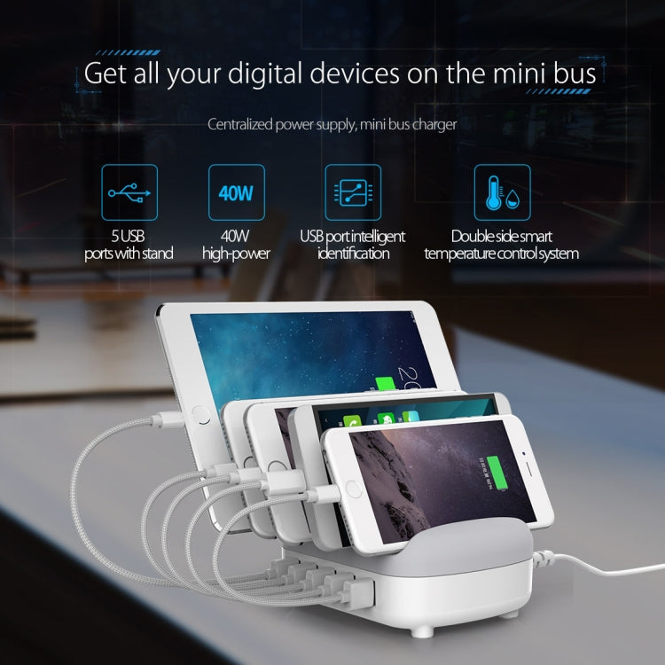 ORICO DUK-5P 40W 5 USB Ports Smart Charging Station with Phone & Tablet Stand(White) - free shipping - PMC TechLife - Order now!
