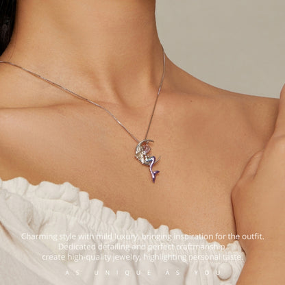 BSN338 Sterling Silver S925 White Gold Plated Moonstone Mermaid Necklace - Necklaces & Pendants by PMC Jewellery | Online Shopping South Africa | PMC Jewellery