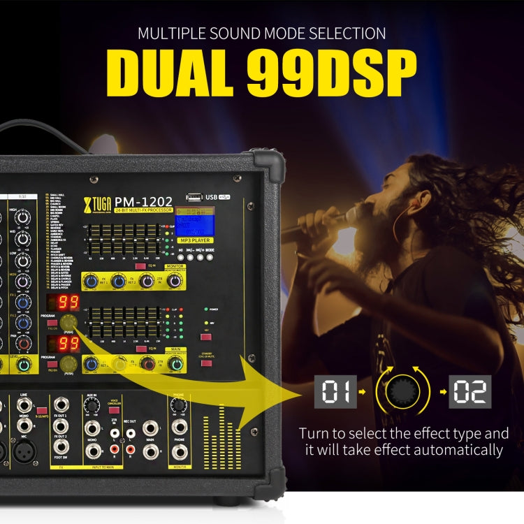 XTUGA PM1202 900W 10 Channel Stage Power Mixer 24Bit Multil-FX Processor Dual 99 DSP Effect DJ Amplifier (US Plug) - Live Sound Effects Processors by XTUGA | Online Shopping South Africa | PMC TechLife