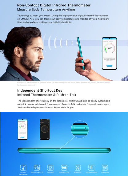 [HK Warehouse] UMIDIGI A7S, 2GB+32GB, Infrared Thermometer, Triple Back Cameras, 4150mAh Battery, Face Identification, 6.53 inch Android 10 MTK6737 Quad Core up to 1.25GHz, Network: 4G, OTG(Sky Blue) - UMIDIGI by UMIDIGI | Online Shopping South Africa | PMC Jewellery