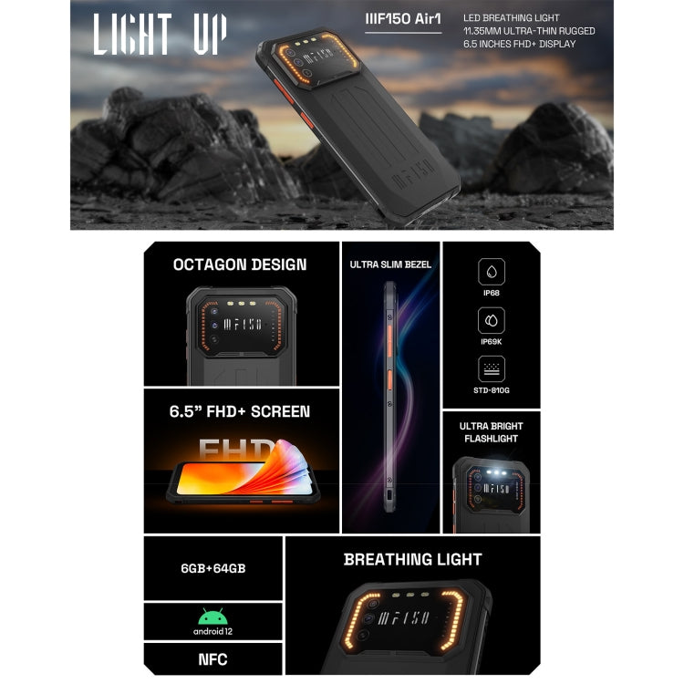 [HK Warehouse] IIIF150 Air 1 Rugged Phone, 6GB+64GB, IP68/IP69K Waterproof Dustproof Shockproof, Dual Back Cameras, Fingerprint Identification, 6.5 inch Android 12 MediaTek Helio G37 MTK6765 Octa Core up to 2.3GHz, Network: 4G, NFC, OTG(Black) - Other by IIIF150 | Online Shopping South Africa | PMC Jewellery