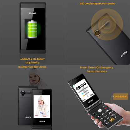 UNIWA X28 Dual-screen Flip Phone, 2.8 inch + 1.77 inch, MT6261D, Support Bluetooth, FM, SOS, GSM, Dual SIM(Gold) - UNIWA by UNIWA | Online Shopping South Africa | PMC Jewellery