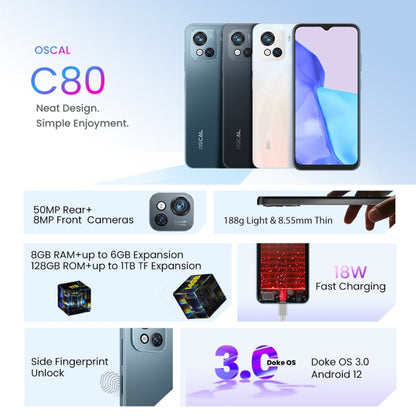 [HK Warehouse] Blackview OSCAL C80, 8GB+128GB, 50MP Camera, Side Fingerprint Identification, 5180mAh Battery, 6.5 inch Android 12 Unisoc T606 Octa Core up to 1.6GHz, Network: 4G, OTG, Dual SIM, Global Version with Google Play(Black) - Blackview by Blackview | Online Shopping South Africa | PMC Jewellery