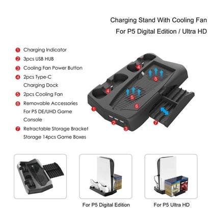 KJH P5-010-2 Multi-function Charging Cooling Fan Base with Storage Tray Bracket For PS5 De / UHD - Charger & Power by PMC Jewellery | Online Shopping South Africa | PMC Jewellery