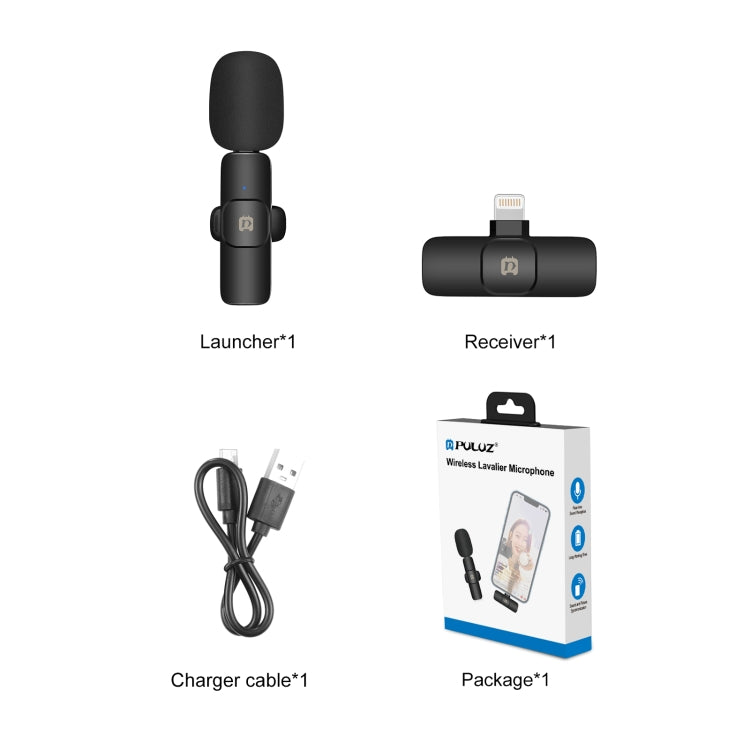 PULUZ Wireless Lavalier Noise Reduction Reverb Microphone for 8-Pin Device, Support Phone Charging(Black) - Microphone by PULUZ | Online Shopping South Africa | PMC TechLife