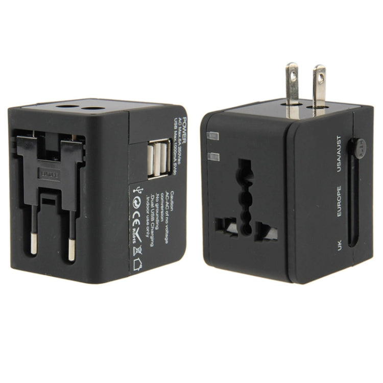 International 2.1A 2-USB EU / AU / UK / US Plug Travel Universal Adaptor(Black) - International Plug Adaptor by PMC TechLife | Online Shopping South Africa | PMC TechLife