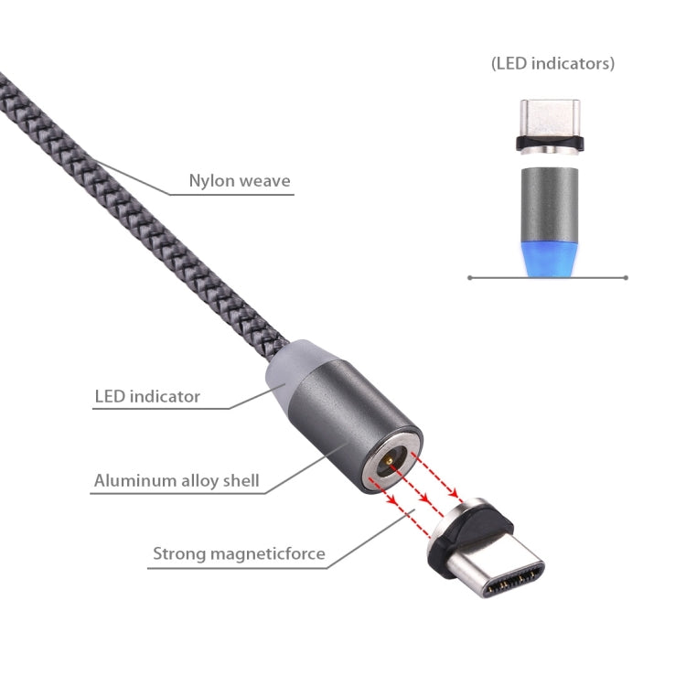 360 Degree Rotation 1m Weave Style USB-C / Type-C to USB 2.0 Strong Magnetic Charger Cable with LED Indicator(Grey) - Charging Cable & Head by PMC TechLife | Online Shopping South Africa | PMC TechLife