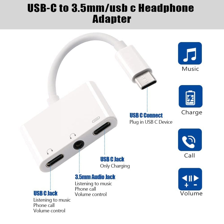 3 in 1 USB-C + 3.5mm + 3.5mm to USB-C Digital Charge Audio Adapter (White) - Audio Adapter by PMC TechLife | Online Shopping South Africa | PMC TechLife
