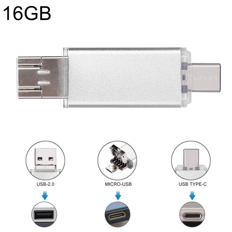 16GB 3 in 1 USB-C / Type-C + USB 2.0 + OTG Flash Disk, For Type-C Smartphones & PC Computer(Silver) - free shipping - PMC TechLife - Order now!