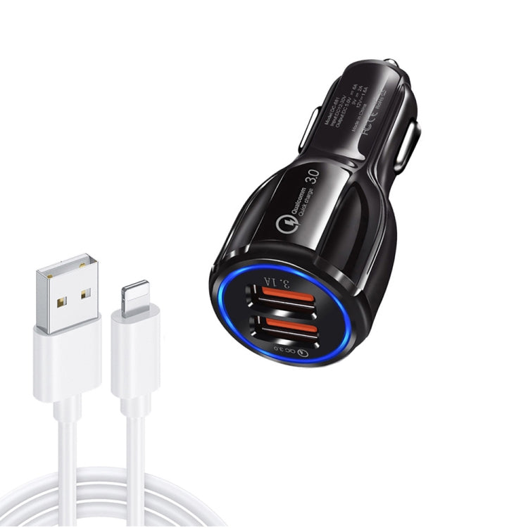 Qc3.0 Dual USB Car Charger + 8 Pin Fast Charging Line Car Charging Kit(White) - Car Charger by PMC TechLife | Online Shopping South Africa | PMC TechLife