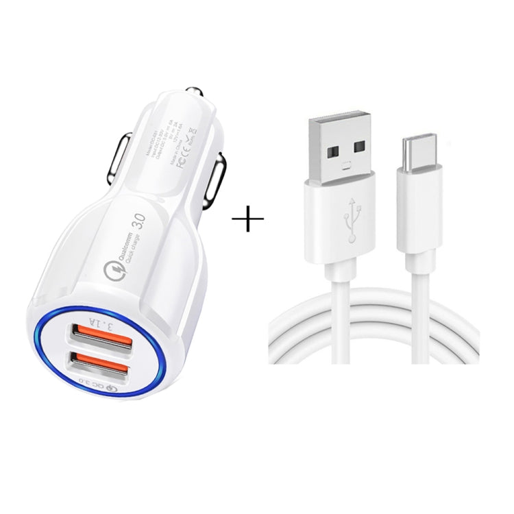 LZ-681 QC3.0 Dual USB Car Charging + Type-C Fast Charging Cable Car Charging Kit(White) - Car Charger by PMC Jewellery | Online Shopping South Africa | PMC Jewellery