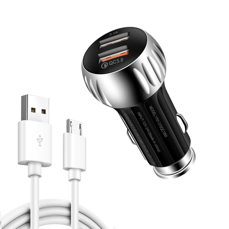 YSY-310QC18W QC3.0 Dual Port USB Car Charger + 3A USB to Micro USB Data Cable, Cable Length: 1m(Black) - Car Charger by PMC TechLife | Online Shopping South Africa | PMC TechLife