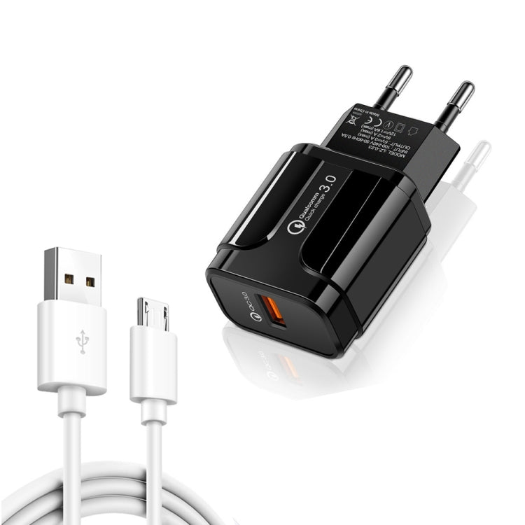 LZ-023 18W QC 3.0 USB Portable Travel Charger + 3A USB to Micro USB Data Cable, EU Plug(Black) - free shipping - PMC TechLife - Order now!