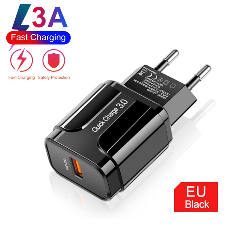 LZ-023 18W QC 3.0 USB Portable Travel Charger + 3A USB to Micro USB Data Cable, EU Plug(Black) - free shipping - PMC TechLife - Order now!