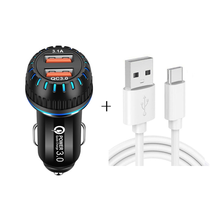 YSY-349 QC3.0 Dual Port USB Car Charger + 3A USB to USB-C / Type-C Data Cable, Length: 1m(Black) - Car Charger by PMC TechLife | Online Shopping South Africa | PMC TechLife
