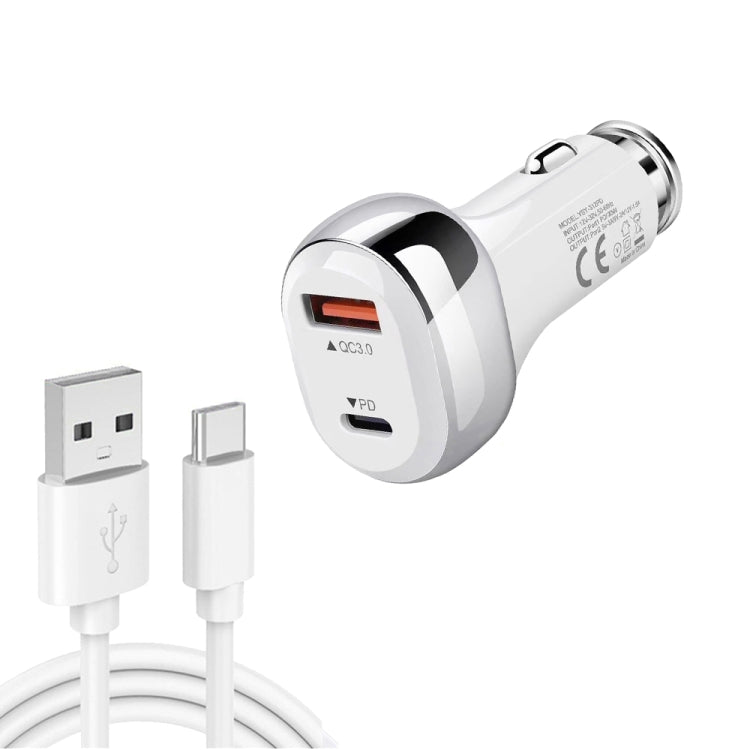 YSY-312PD QC3.0 18W USB + PD 20W USB-C / Type-C Car Charger with USB to USB-C / Type-C Data Cable(White) - Car Charger by PMC TechLife | Online Shopping South Africa | PMC TechLife