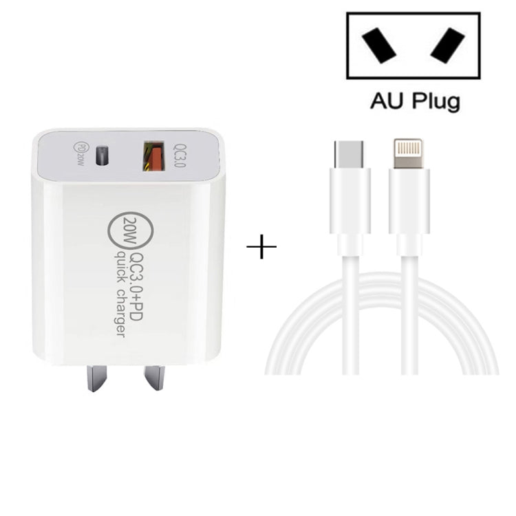 TCS-20WACA 20W PD Type-C + QC 3.0 USB Interface Fast Charging Travel Charger with USB-C / Type-C to 8 Pin Fast Charge Data Cable AU Plug - USB Charger by PMC TechLife | Online Shopping South Africa | PMC TechLife | Buy Now Pay Later Mobicred