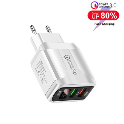 F002C QC3.0 USB + USB 2.0 LED Digital Display Fast Charger with USB to 8 Pin Data Cable, EU Plug(White) - USB Charger by PMC Jewellery | Online Shopping South Africa | PMC Jewellery