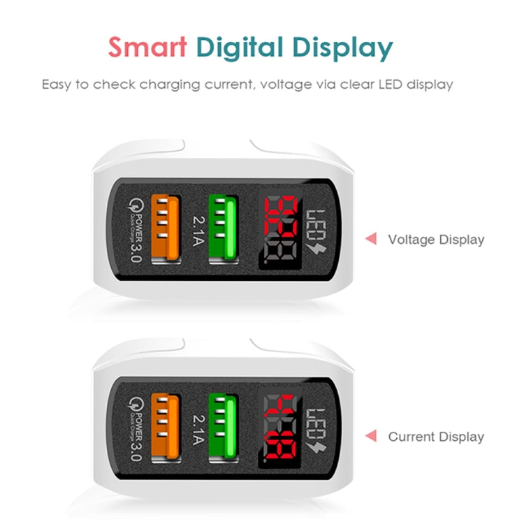 F002C QC3.0 USB + USB 2.0 LED Digital Display Fast Charger with USB to 8 Pin Data Cable, UK Plug(White) - USB Charger by PMC TechLife | Online Shopping South Africa | PMC TechLife | Buy Now Pay Later Mobicred